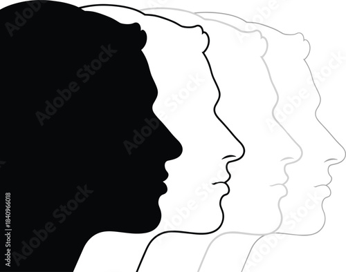 Multiple Male Head Profiles Silhouette and Outline Vector Illustration Concept: Man's Face in Different Stages, Showing Identity, Mental Health, Evolution, or Aging Process