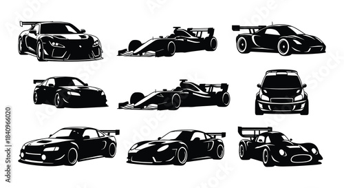 Collection of sleek black silhouettes depicting various high performance sports cars and racers