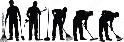 Multiple Silhouettes of Gardeners and Yard Workers Holding Shovels, Rakes, and Hoes, Engaging in Various Landscaping and Maintenance Activities