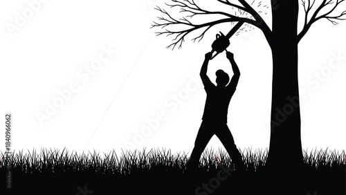 Silhouette of a Lumberjack Standing on Grass, Aggressively Cutting a Tree Branch with a Chainsaw, Representing Deforestation, Habitat Loss, and Environmental Damage