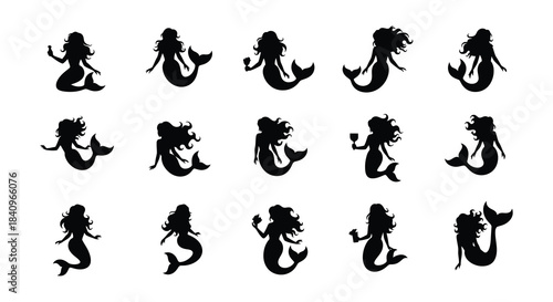 Collection of black silhouette mermaid illustrations in various poses and styles