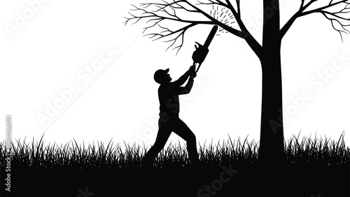 Silhouette of a professional arborist or lumberjack trimming dead branches from a tall tree using a powerful chainsaw during winter with lush grass in the foreground