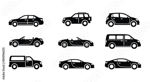 Collection of various vehicle silhouettes featuring cars suvs and vans
