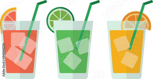 Colorful flat illustration of three refreshing fruit drinks with ice cubes and citrus slices, summer beverage concept for food and drink design