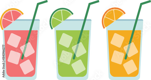 Colorful flat illustration of three refreshing fruit drinks with ice cubes and citrus slices, summer beverage concept for food and drink design