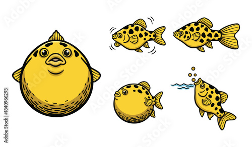 A collection of cartoon yellow fish with black spots, including a puffed-up pufferfish and others swimming and blowing bubbles.