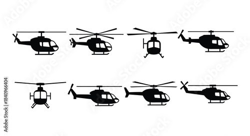 Silhouette illustrations of various helicopter designs in different perspectives