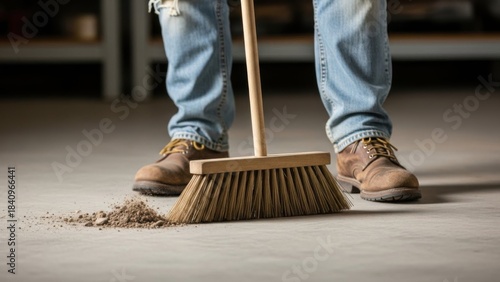 Person sweeping floor with broom, cleaning up debris, indoor activity.