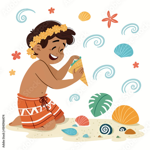 Young boy wearing a flower lei collects shells on the beach