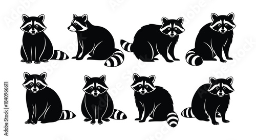 A collection of black silhouettes depicting raccoons in various poses