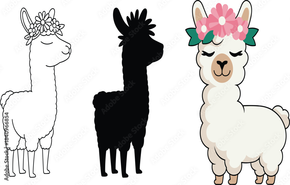 Obraz premium Cute llama illustrations set featuring floral crowns, minimalist black silhouette, adorable fluffy alpaca characters