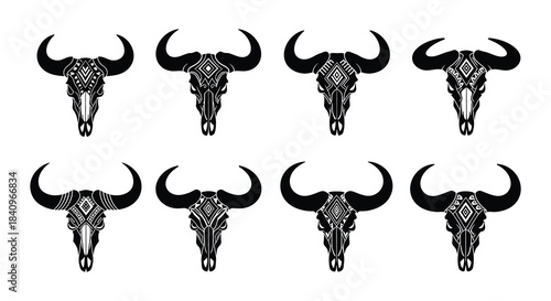Black and white illustration of eight decorated bull skulls in a grid pattern