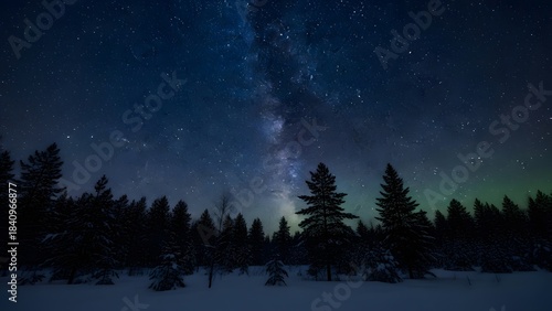 A breathtaking, wide-angle photograph capturing the vibrant Milky Way stretching across a dark blue night sky, contrasting with a deep, silent, snow-covered forest of pine trees below. A subtle hint o