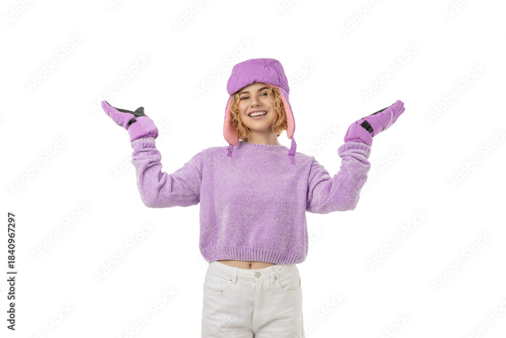 Obraz premium Girl in colorful cozy winter outfit smiles, isolated, PNG