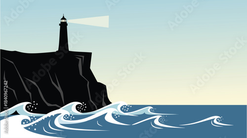 Lighthouse on Cliff with Ocean Waves Vector Illustration