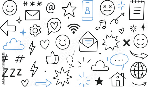 Emoji media hand drawn doodle icon set. Internet conversation, media outline tech emoji, star, arrow shape vector art and illustration