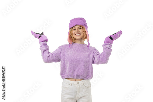 Girl in colorful cozy winter outfit smiles, isolated, PNG