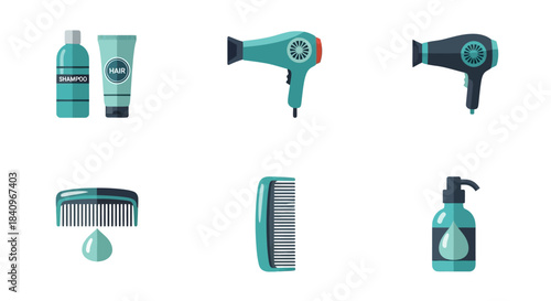 Flat Vector Illustration of Teal Hair Styling Products and Tools Collection.