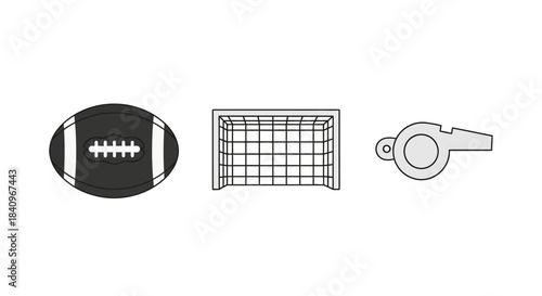 Football, Goal Net, and Whistle - Minimalist Sports Equipment Icons.