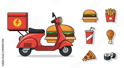Food Delivery Service with Scooter and Fast Food Icons.