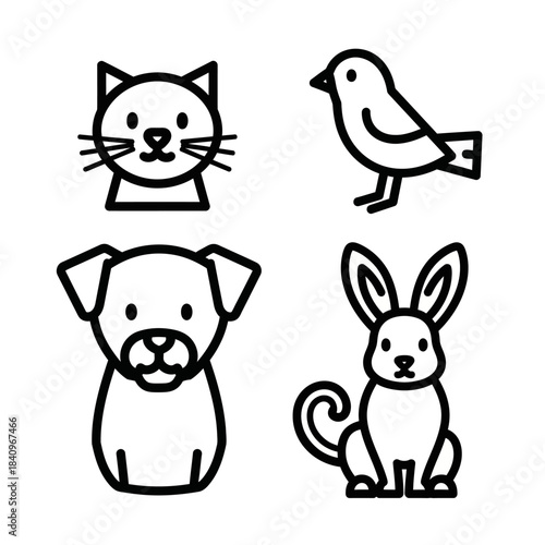 Four Black and White Line Art Icons of Cat, Bird, Dog, and Rabbit.
