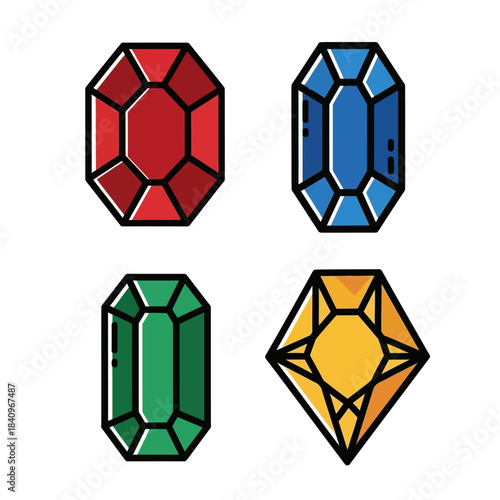 Four Colorful Gemstones - Red Octagon, Blue Rectangle, Green Rectangle, Yellow Diamond.
