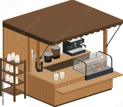 Isometric coffee kiosk with espresso machine, takeaway cups, fresh croissants display, wooden food stand, bakery counter, breakfast shop illustration, retail booth