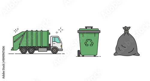 Garbage Collection Icons - Truck, Bin, and Bag Illustration.