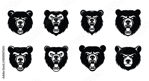 Eight fierce bear head illustrations in a repeating grid pattern