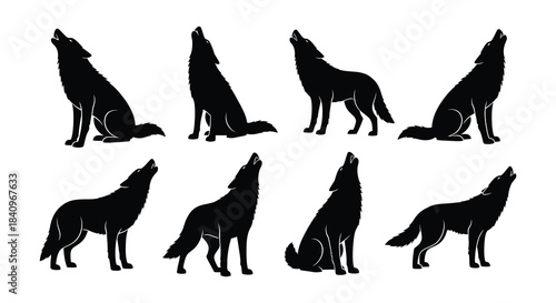 Collection of howling wolf silhouettes in varying positions and perspectives