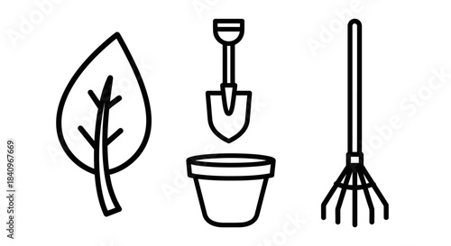 Gardening Tools and Plant Leaf Outline Illustration for Gardening Projects.