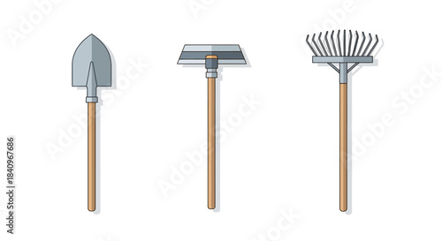 Gardening Tools - Shovel, Hoe, and Rake for Yard Work.