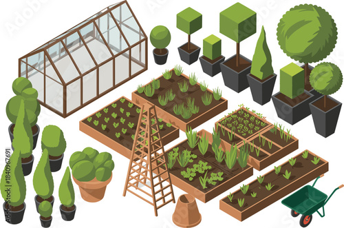 Isometric garden illustration with greenhouse, raised garden beds, topiary plants, gardening tools, lush greenery,