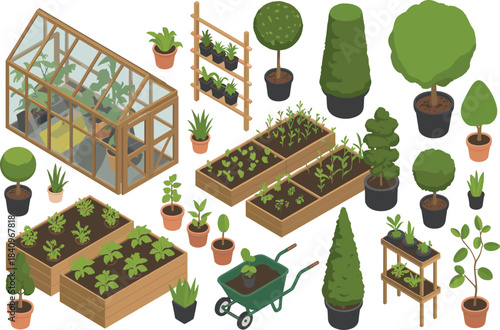 Isometric garden illustration with greenhouse, raised garden beds, topiary plants, gardening tools, lush greenery,