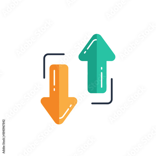 Glossy orange down arrow and teal up arrow icon, flat design, symbolizing data transfer or exchange.