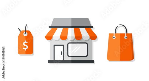 Flat Orange and White Storefront Icon with Awning and Shopping Bag.