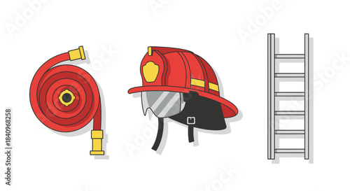 Firefighting Equipment - Hose, Helmet, and Ladder Illustration.