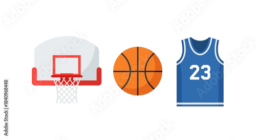 Flat design basketball equipment set - hoop, orange ball, and blue jersey with number 23.