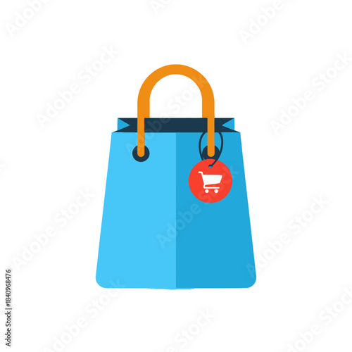 Flat Design Blue Shopping Bag with Orange Handle and Red Tag.