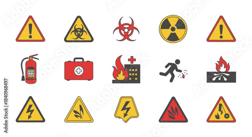Flat design collection of diverse safety and hazard warning signs, featuring biohazard, radiation, fire, and caution symbols.