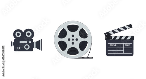 Flat design icons of vintage film camera, movie reel, and clapperboard, symbolizing classic cinema production.