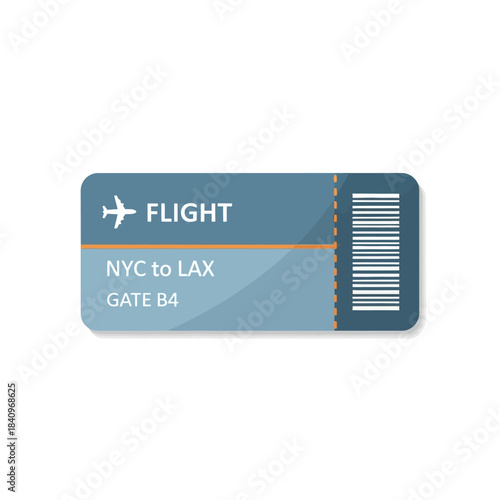 Flat design illustration of a blue-grey flight ticket with airplane icon and barcode.