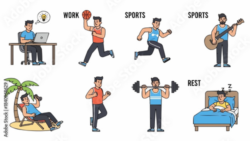 Diverse Activities of a Man Illustrating Work Sports and Rest.