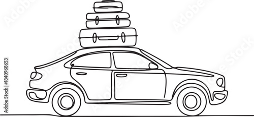 Continuous line art illustration of handmade contour forming a car loaded with suitcases