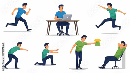 Collection of diverse actions performed by a young man in casual attire.