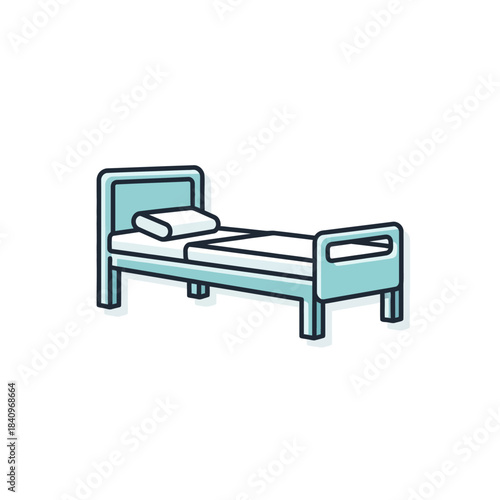 Flat design light blue single bed illustration with headboard, footboard, mattress, and pillow.