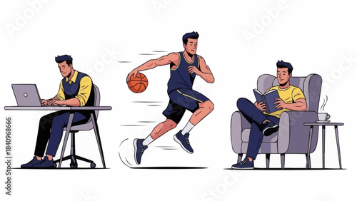 Diverse Male Activities - Working, Playing Basketball, and Relaxing with a Book.