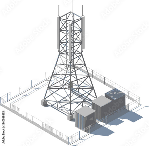 Modern isometric telecommunications tower, mobile network infrastructure, cellular antenna station, wireless communication technology site, 5G and 4G signal transmission facility illustration