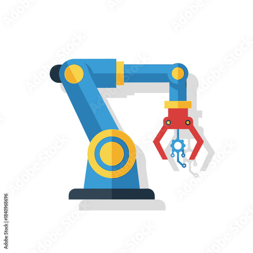Flat Design Robotic Arm with Red Gripper and Yellow Accents, Isolated.