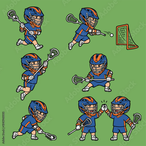 A cartoon collection of lacrosse players demonstrating different actions and poses on a green background, showcasing various game movements.